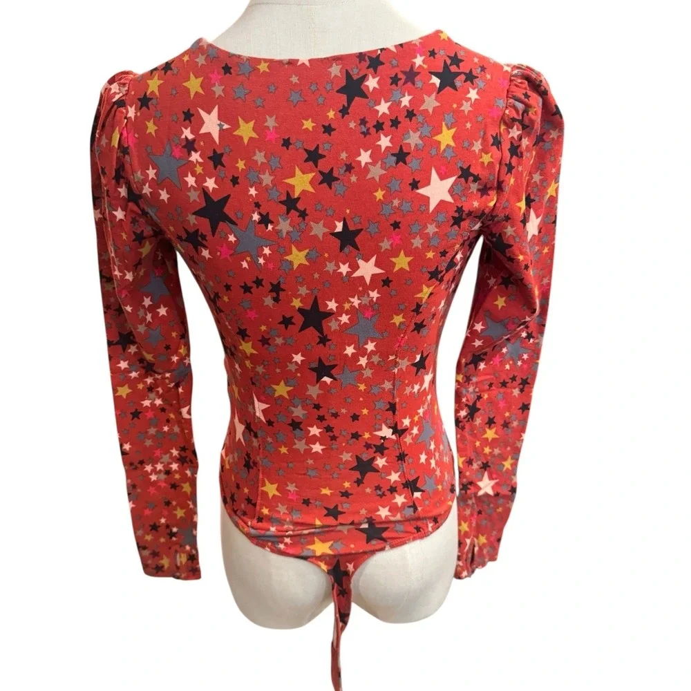 Intimately Free People Red Star‎ Print Long Sleeve Bodysuit Thong Snap Front XS